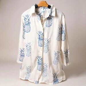Blue Island Pineapple Print Cover-Up Sheer Tunic Top Medium NWT